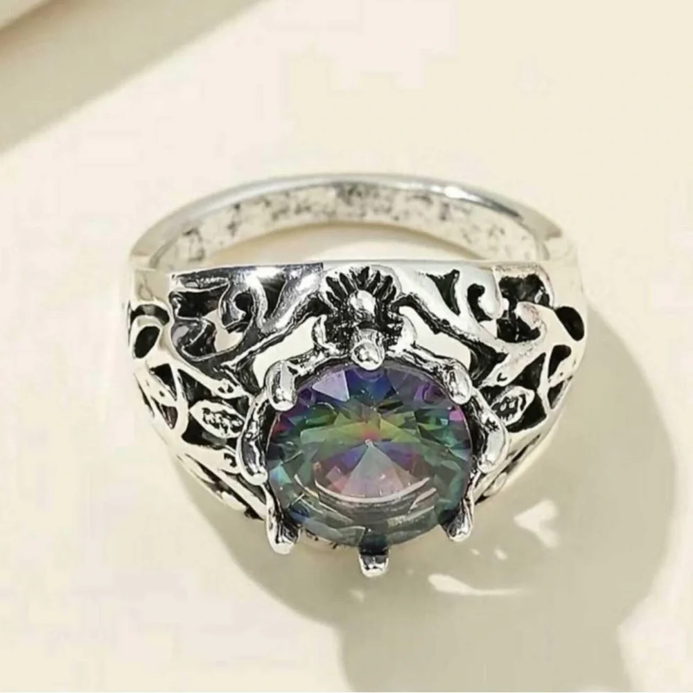 SIZE 6 Fashion And Exquisite Colorful‎ Flower Ring Silver